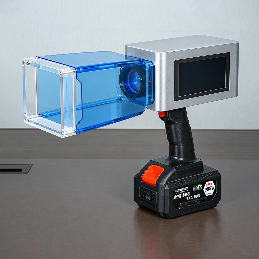 Mini handheld fiber laser marking machine with integrated touchscreen and battery