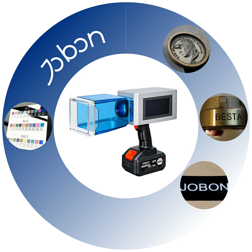 Mini handheld fiber laser marking machine with integrated touchscreen and industrial marking applications