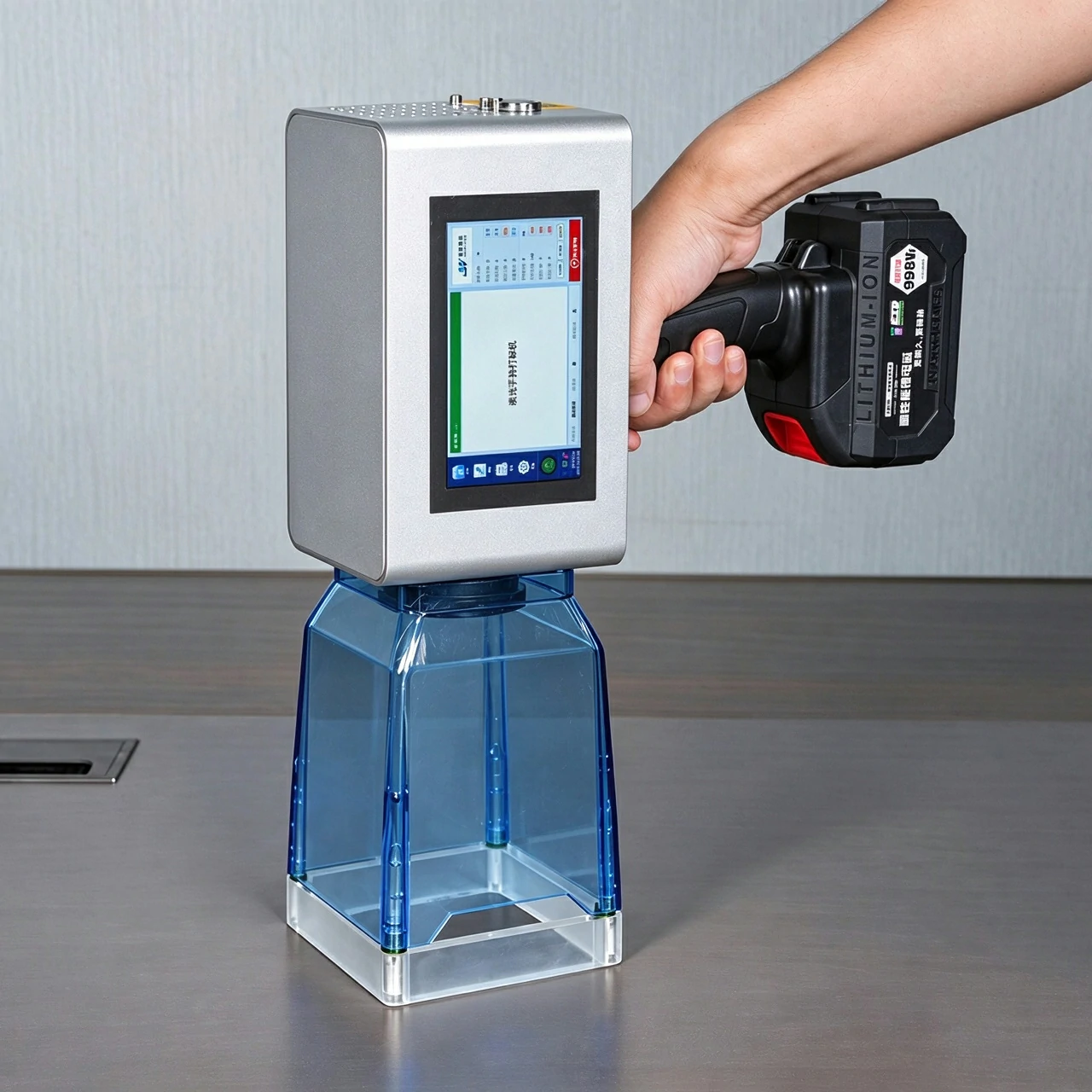 Operator holding a portable handheld fiber laser marking machine above a work surface