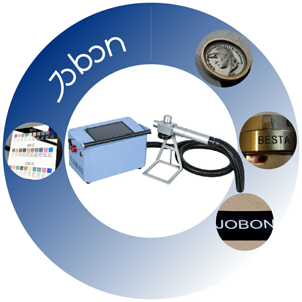Jobon portable handheld fiber laser marking machine displayed with industrial laser marking samples
